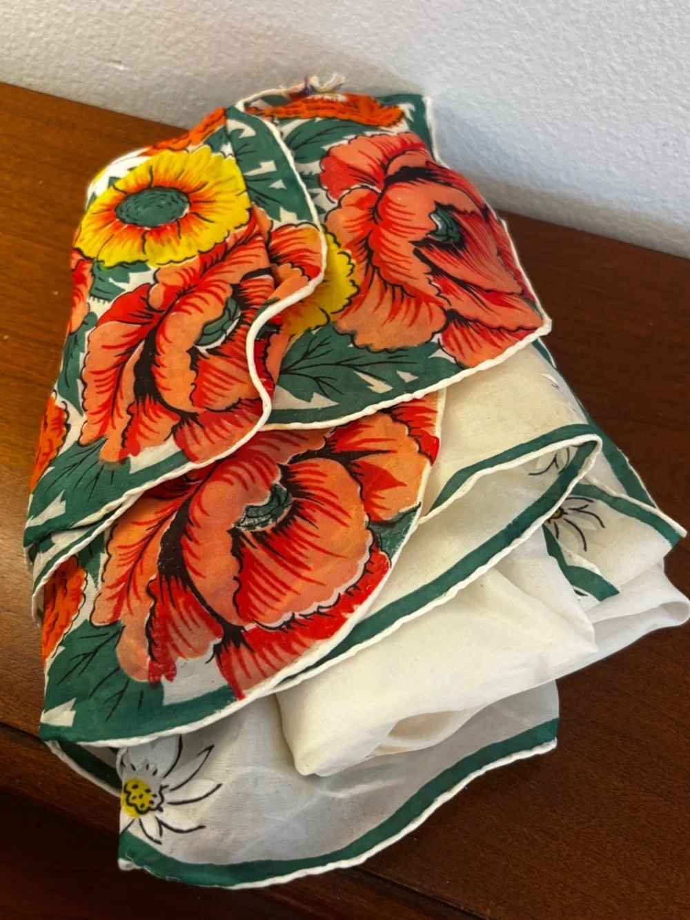 Vintage Susan Smith Creations Silk Rayon Chiffon Scarf Floral Border Hand Rolled